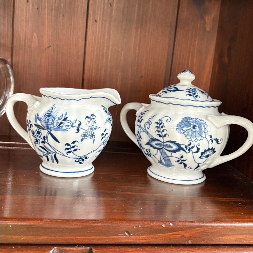 Blue and White Floral Porcelain Sugar and Creamer Set, creamer has small chip